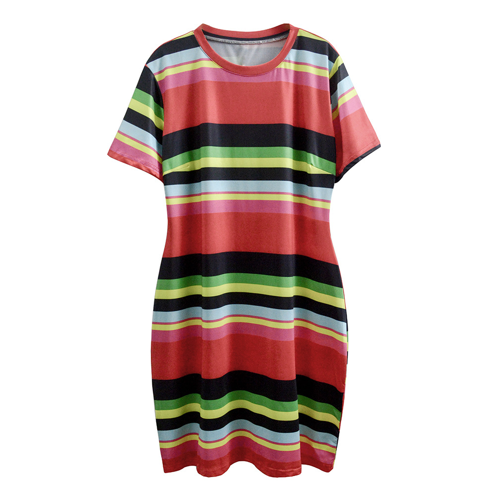 Plus Size Red Striped Dress Slim Fit Short Sleeve Comfortable Fabric Summer Fashion for Women Wholesale Available