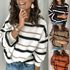 2020 Fall Winter Amazon New Arrival Women's Knit Top with Metallic Stripe Panels, Loose Fit Pullover Sweater for Office & Commute