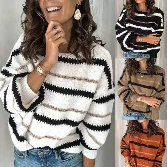 2020 Fall Winter Amazon New Arrival Women's Knit Top with Metallic Stripe Panels, Loose Fit Pullover Sweater for Office & Commute