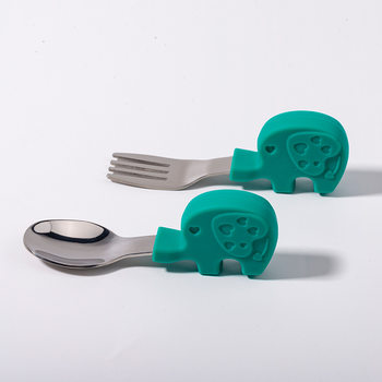 Baby eating spoon short handle children's stainless steel fork spoon silicone fork spoon tableware baby tableware baby training fork spoon