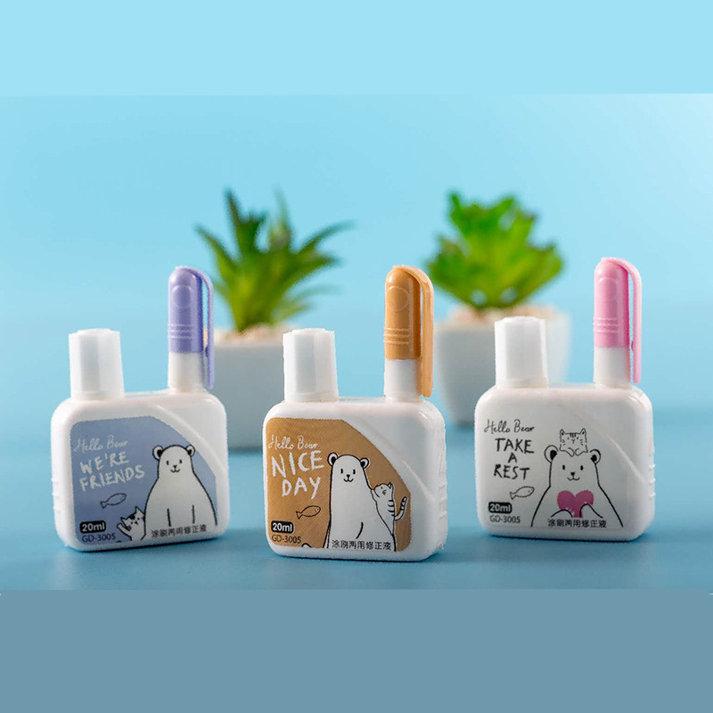 Correction fluid with brush two-end correction fluid double-end quick-drying correction fluid wholesale cartoon student stationery
