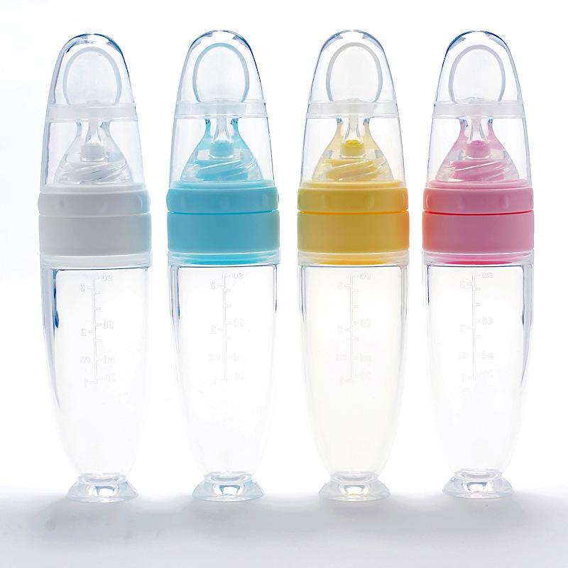 Infant Suction Cup Rice Cereal Bottle 90ml Squeeze Spoon Feeding Soft Spoon Children's Tableware Food-Grade Silicone Rice Cereal Bottle