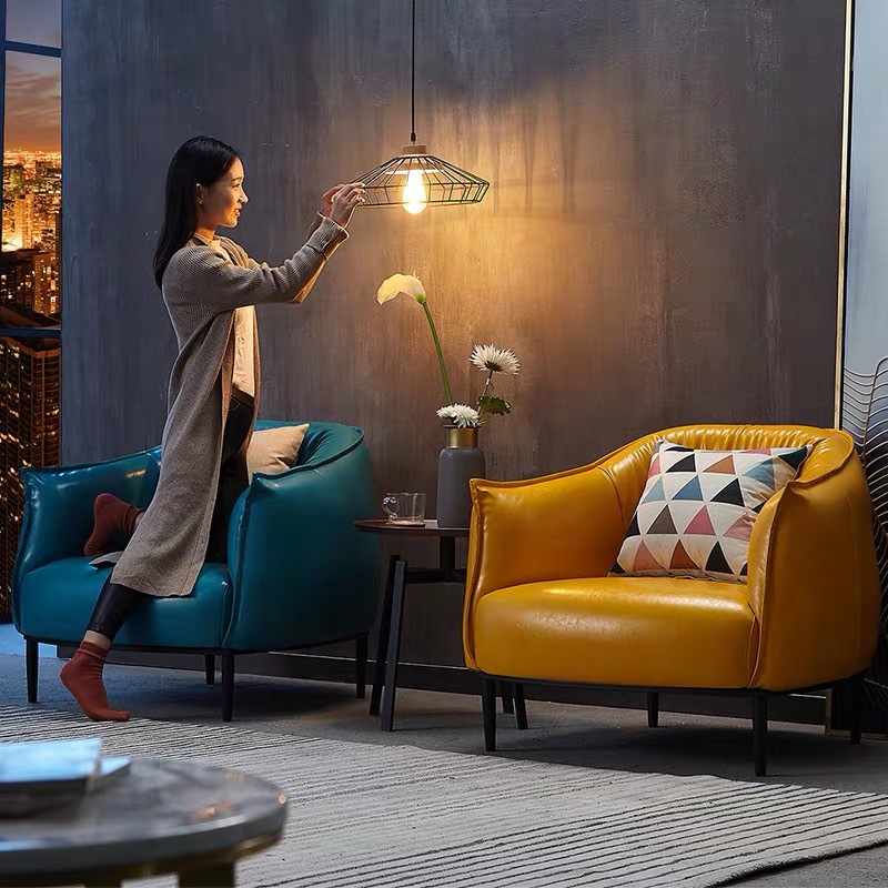 北欧单人沙发椅卧室小户型客厅休闲沙发组合皮艺轻奢现代简约家具