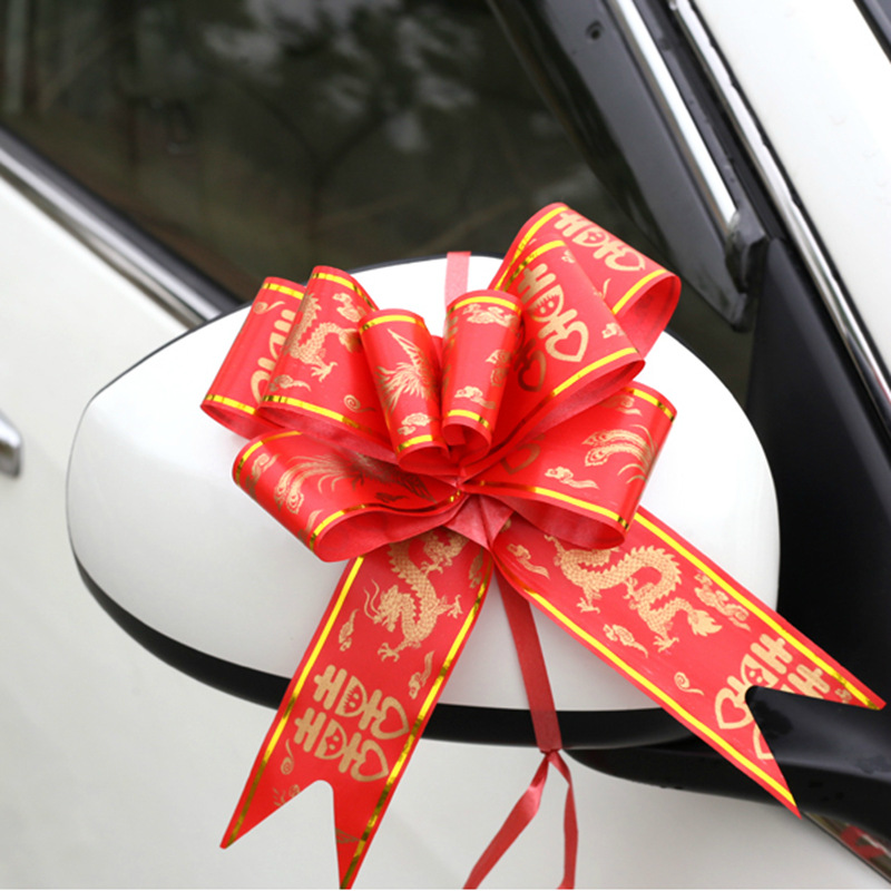 Wholesale wedding supplies hand-pulled flower Big Red Dragon and Phoenix happy character hand-pulled flower 5cm large wedding car decorative car door pull flower