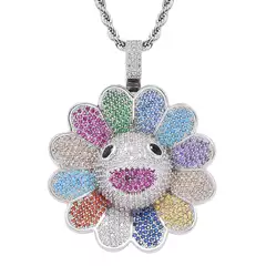 European and American necklace men's hip hop sunflower pendant micro inlaid zircon fashion brand personality colorful flower rotatable pendant