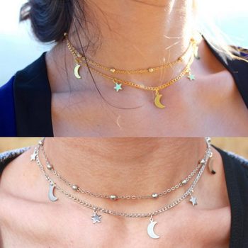 C084 Korean personality simple double-layer necklace Moon star short collar round bead clavicle chain jewelry wholesale