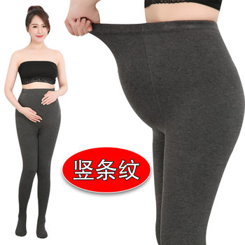 Pregnant Women's Leggings Autumn and Winter Fleece-lined Vertical Striped Cotton Large Size Pregnancy Pantyhose Adjustable Women's Maternity Wear