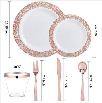 150Pcs Hard Plastic Disposable Dinner Plate Ps Imitation Porcelain Plate Rose Gold White Background Cut Out Plate Gold Knife, Fork, Spoon and Dish Set