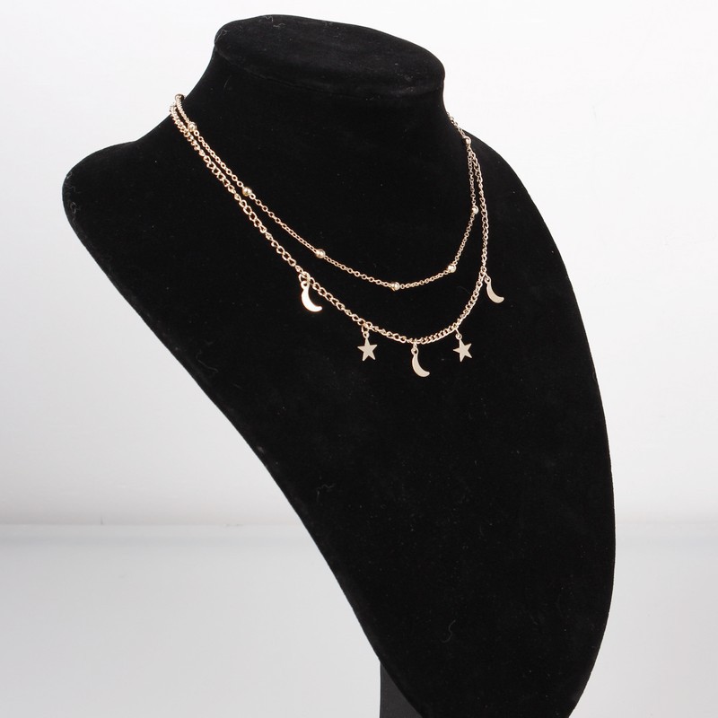 C084 Korean personality simple double-layer necklace Moon star short collar round bead clavicle chain jewelry wholesale