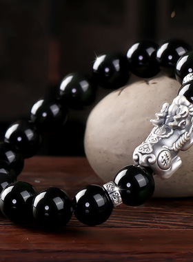 黑曜石手串999足银招财貔貅手链