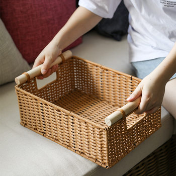 Handmade Woven Storage Basket American Solid Wood Handle Storage Basket Straw Woven Household Sundries Storage Basket Large Size