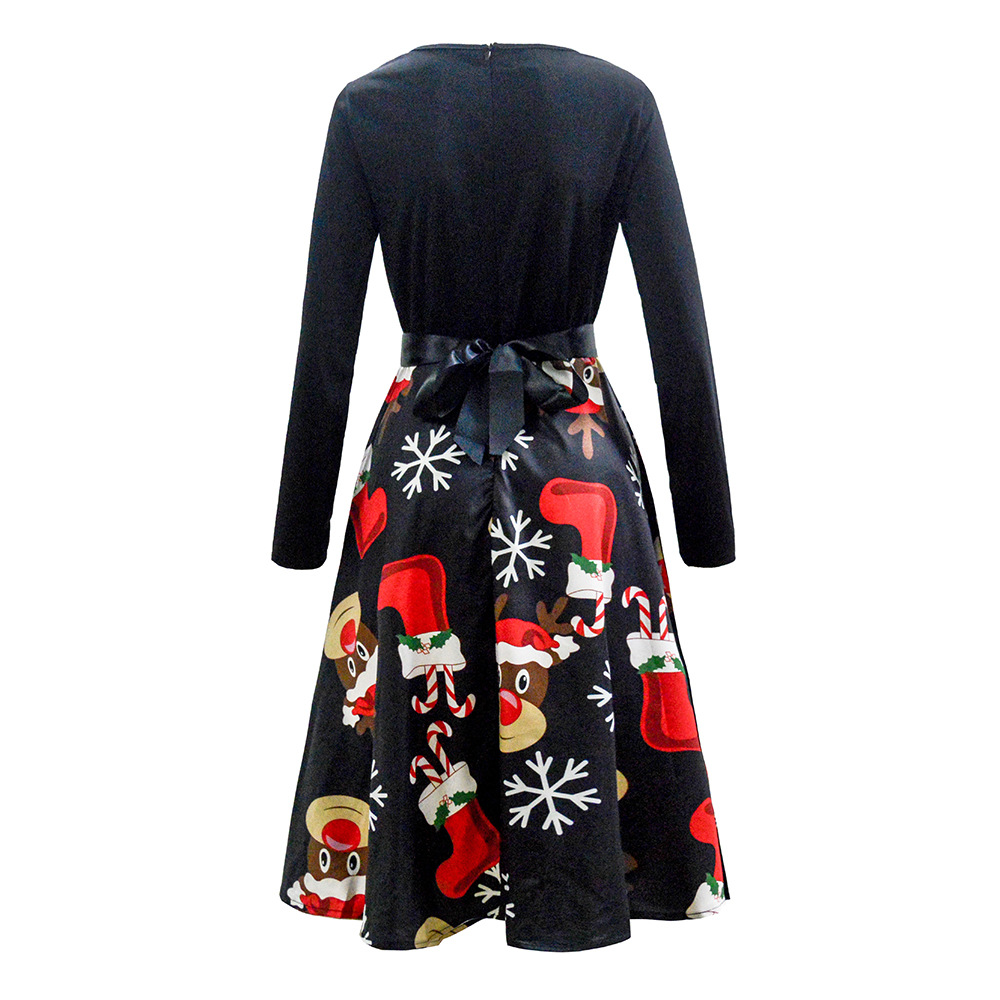 Vintage Floral Print Long Sleeve A Line Dress Round Neck Festive Style Perfect for Christmas Celebrations Ready to
