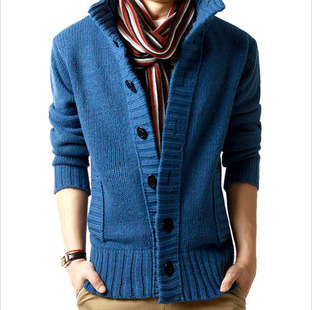 2024秋冬海盗扣立领男式毛衣加厚新款韩版线衣羊毛针织粗针开衫潮