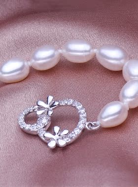 复古珍珠手链 时尚心形6-7米形珍珠手链 强光近无暇 镀金双环