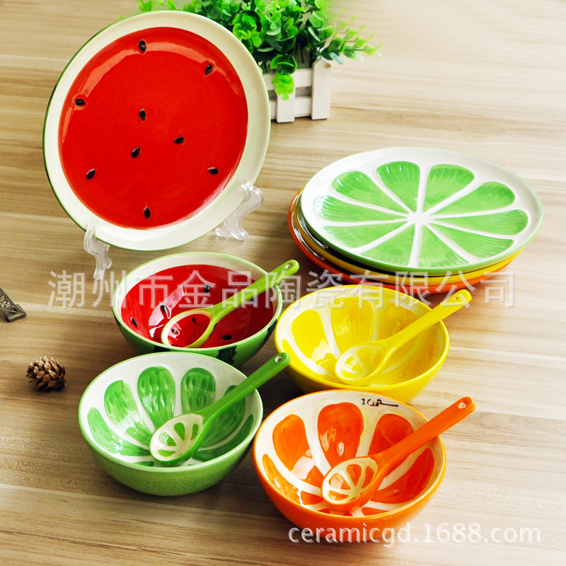 Hand-painted fruit bowl tableware Japanese cute creative ceramic bowl healthy children's dishes spoon factory direct sales