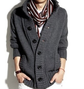 2024秋冬海盗扣立领男式毛衣加厚新款韩版线衣羊毛针织粗针开衫潮