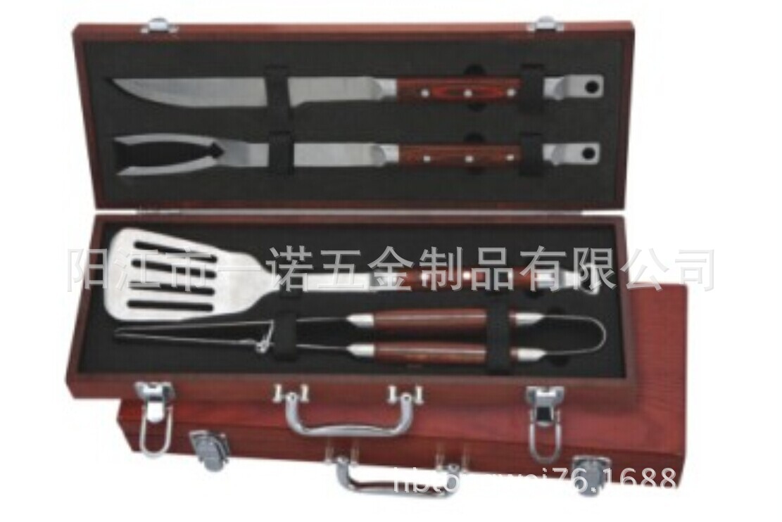 P-011Iz High-Grade Barbecue Tools, Bbq Steel Head Grill Utensils Knife Fork Clip Shovel, Color Wood Grill Utensils