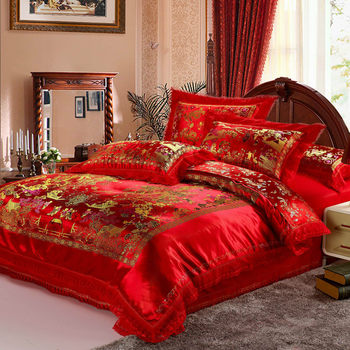 Chinese Wedding Satin Four-piece Set Big Red Dragon and Phoenix Hundred Children Figure Wedding Bed Products Xiu Wan