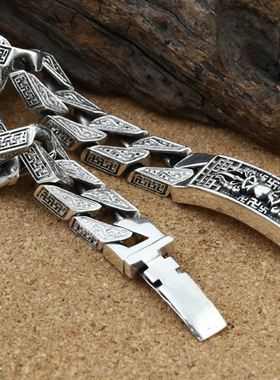 小众银饰男士S925纯银手链情侣泰银金刚杵万字六字真言宽版手环