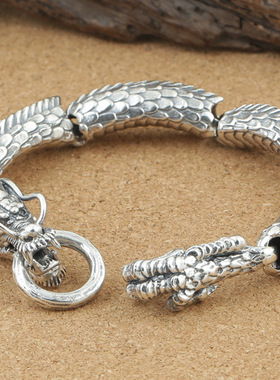 小众银饰男生S925纯银手链复古泰银霸气款叼银环龙手链手环手镯