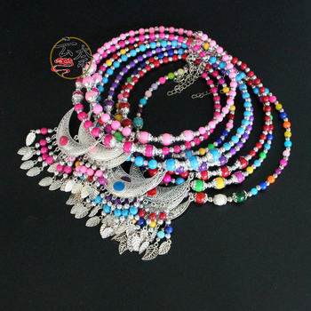 Yunnan ethnic style imitation Miao silver collar decorated with colored beads clavicle chain sweater chain headdress