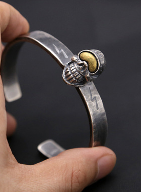小众银饰男士S925纯银手镯山隆独眼骷髅头镶铜闪电士霸气开口手环