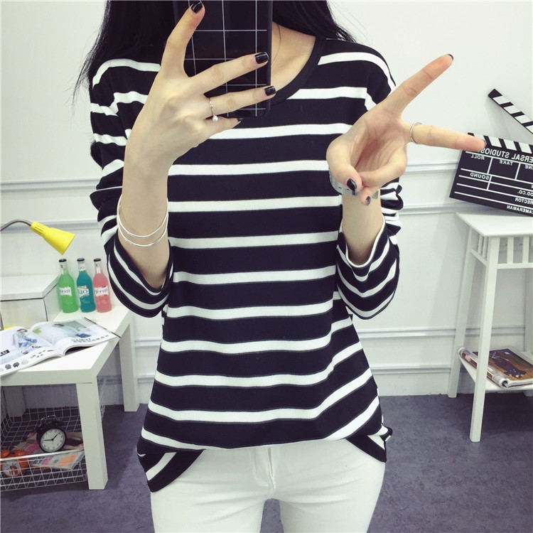 春秋季学生女装衣服修身百搭女士打底衫上衣圆领条纹长袖T恤批发