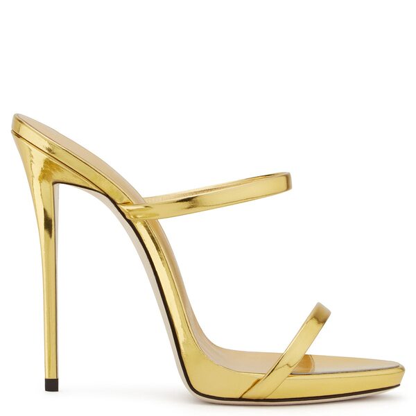 Giày Sandal Cao Gót Nữ Quai Mảnh Gót Nhọn Da Bóng Gót Cao 10cm - 12cm Màu Vàng, Vàng Champagne