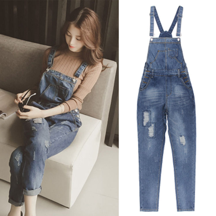 High Waisted Ripped Denim Overalls Loose Fit Slimming Korean Style Casual Spring and Autumn Wear Wholesale Available