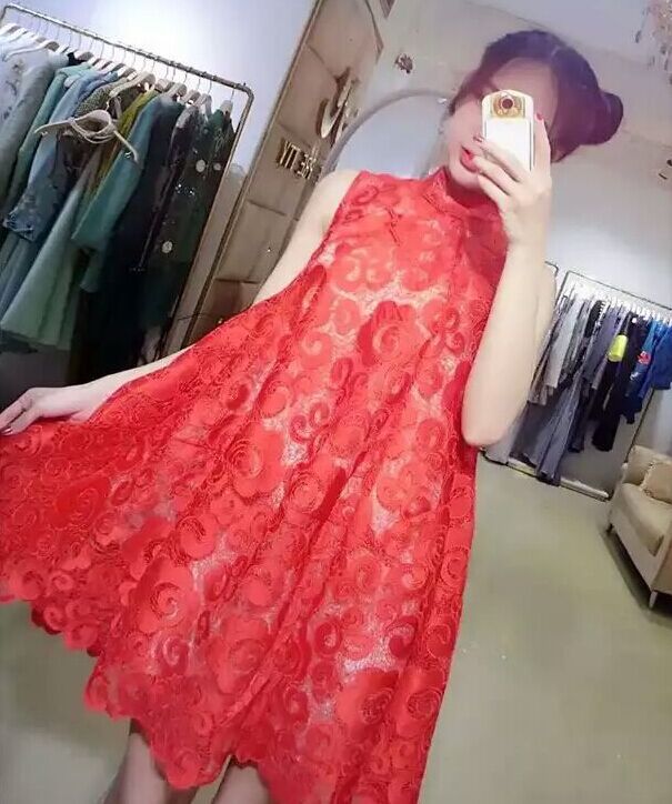 Đầm maxi nữ thắt eo ren đỏ dự tiệc — Đỏ