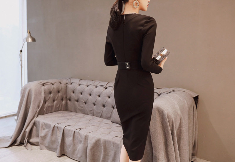 Đầm Ôm Body Dáng Dài Tay Dài Cổ chữ V Chữ Xẻ Tà Phong Cách Thời Trang Nữ Màu Đen chi tiết 17