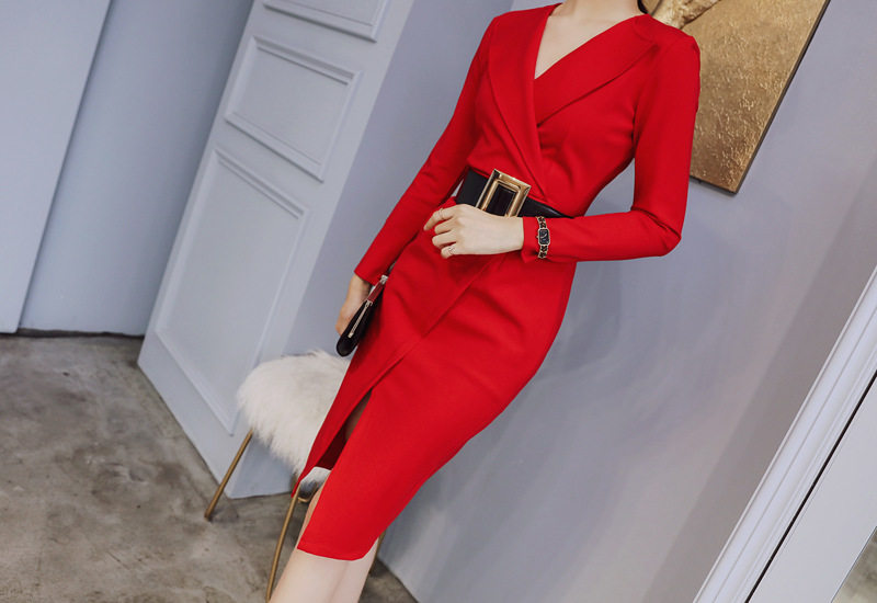Đầm Ôm Body Dáng Dài Tay Dài Cổ chữ V Chữ Xẻ Tà Phong Cách Thời Trang Nữ Màu Đen chi tiết 10