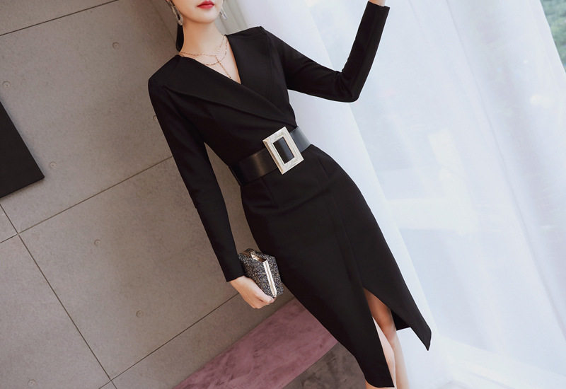 Đầm Ôm Body Dáng Dài Tay Dài Cổ chữ V Chữ Xẻ Tà Phong Cách Thời Trang Nữ Màu Đen chi tiết 16