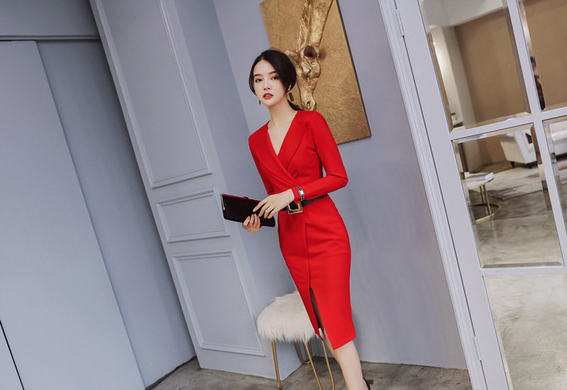 Đầm Ôm Body Dáng Dài Tay Dài Cổ chữ V Chữ Xẻ Tà Phong Cách Thời Trang Nữ Màu Đen chi tiết 9