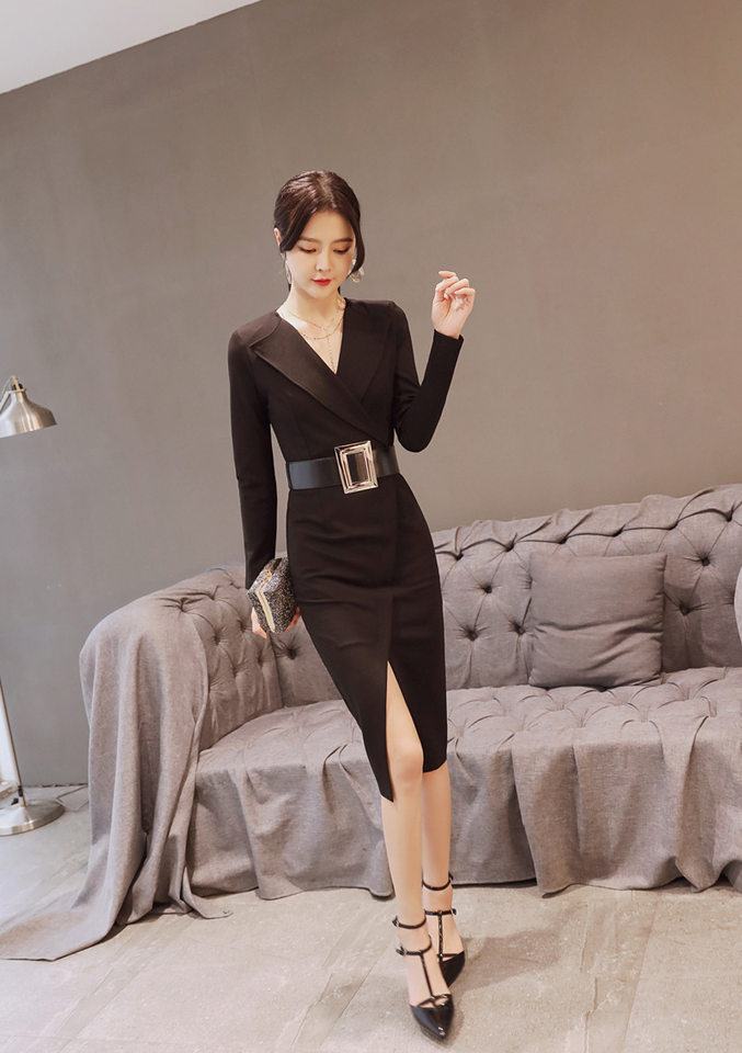 Đầm Ôm Body Dáng Dài Tay Dài Cổ chữ V Chữ Xẻ Tà Phong Cách Thời Trang Nữ Màu Đen chi tiết 12