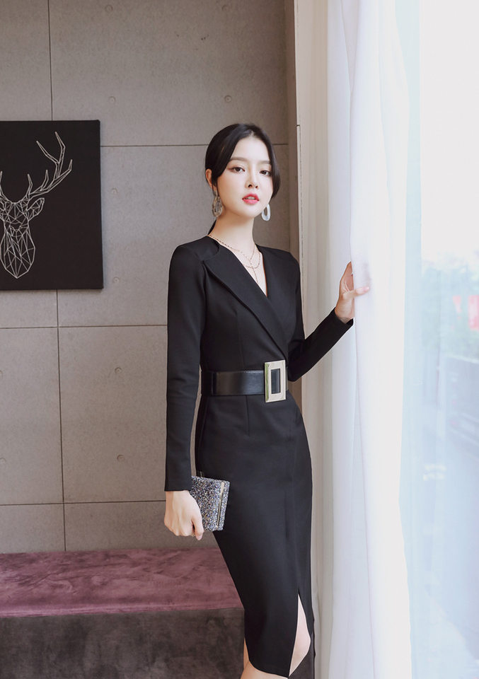 Đầm Ôm Body Dáng Dài Tay Dài Cổ chữ V Chữ Xẻ Tà Phong Cách Thời Trang Nữ Màu Đen chi tiết 15