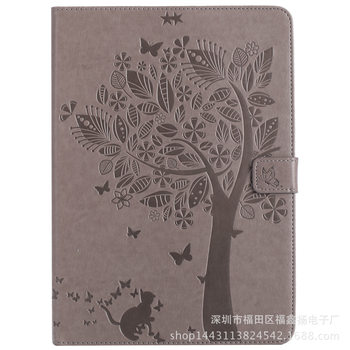 Suitable for Apple iPad2 cat and tree embossed protective case Pro11 card holder Mini4 embossed Air2 leather case