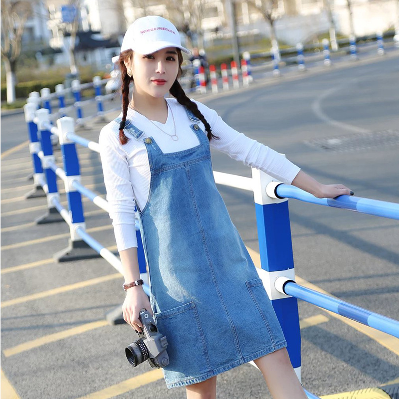 Mùa xuân thời trang Hàn Quốc hoang dã mỏng đáng kể chiếc váy và phần dài cổ tích váy dây đeo denim ăn mặc 18.639