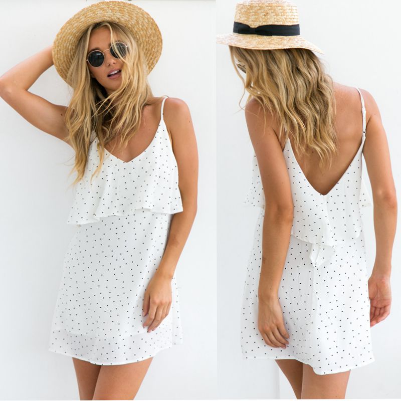 Sweet Polka Dot Mini Dress V Neck Backless Sleeveless Casual Summer Wear Wholesale Available