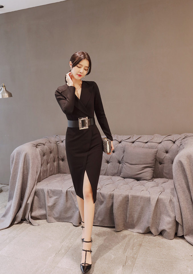 Đầm Ôm Body Dáng Dài Tay Dài Cổ chữ V Chữ Xẻ Tà Phong Cách Thời Trang Nữ Màu Đen chi tiết 13