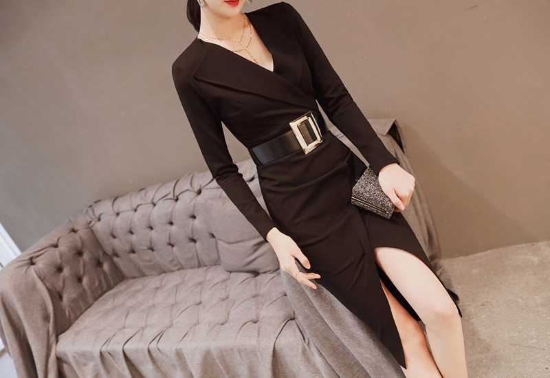 Đầm Ôm Body Dáng Dài Tay Dài Cổ chữ V Chữ Xẻ Tà Phong Cách Thời Trang Nữ Màu Đen chi tiết 11