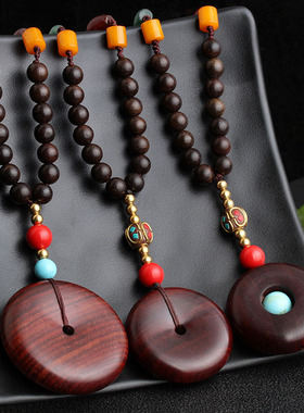 民族风毛衣链木质国风吊坠女