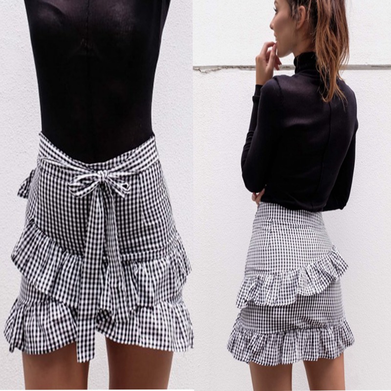 Plaid Patchwork Mini Skirt Ruffled Hem Cross Back Design Sexy Style Perfect for Parties and Casual Outings
