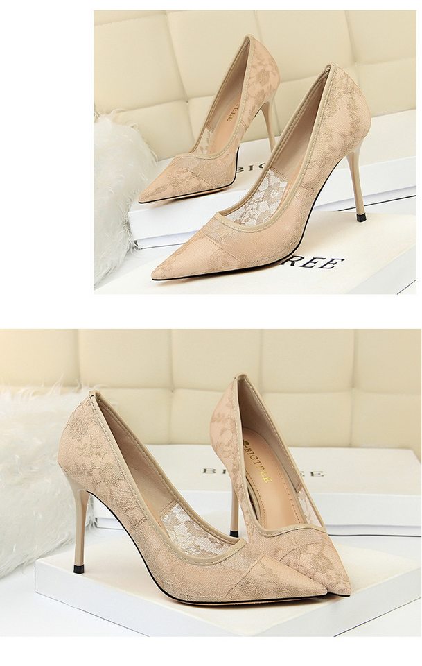 Giày Cao Gót Nữ Lưới Ren Gót Nhọn Hở Lưng Chiều Cao Đế Khoảng 8cm Màu Đen, Đỏ, Hồng, Kem... chi tiết 31