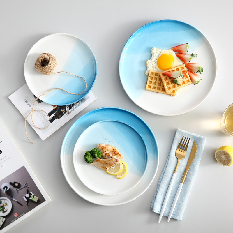 European Style Restaurant Western Food Plate Steak Plate Spaghetti Plate Blue Round Household Ceramic Plate Plate Flat Plate Tray