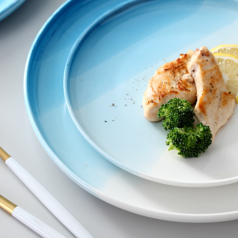 European Style Restaurant Western Food Plate Steak Plate Spaghetti Plate Blue Round Household Ceramic Plate Plate Flat Plate Tray