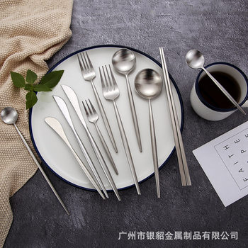 Silver Marten Portuguese Nordic Style 304 Stainless Steel Western-style Tableware Pointed Tail Knife, Fork and Spoon Matte Knife Body Set