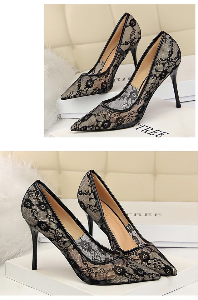 Giày Cao Gót Nữ Lưới Ren Gót Nhọn Hở Lưng Chiều Cao Đế Khoảng 8cm Màu Đen, Đỏ, Hồng, Kem... chi tiết 5