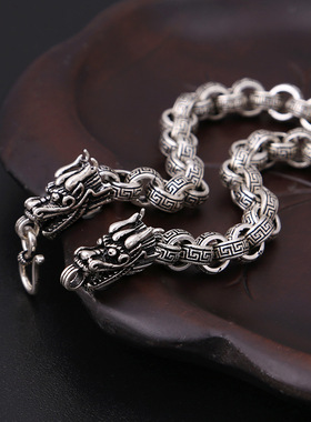 小众银饰S925纯银男士项链经典款复古泰银霸回纹龙头项链银饰饰品