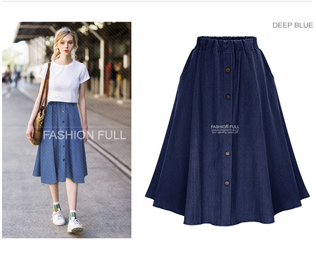 Loose Fit Denim Midi Skirt Summer Style Plus Size Elastic Waist Lightweight Fabric Ideal for Casual Wear or School